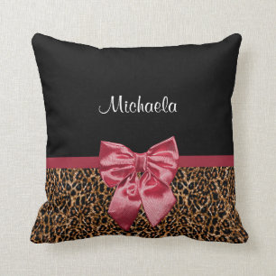 Stylish Leopard Print Elegant Red Bow and Name Cushion