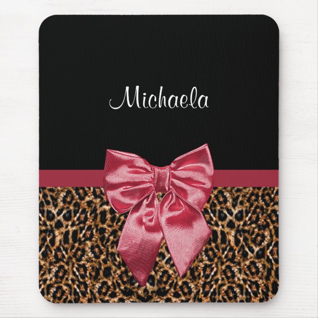 Stylish Leopard Print Elegant Red Bow and Name Mouse Mat (Front)