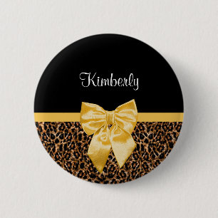 Stylish Leopard Print Elegant Yellow Bow and Name 6 Cm Round Badge