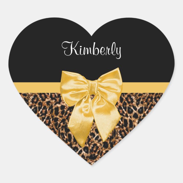 Stylish Leopard Print Elegant Yellow Bow and Name Heart Sticker (Front)