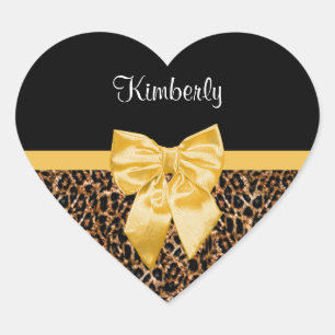 Stylish Leopard Print Elegant Yellow Bow and Name Heart Sticker