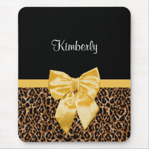 Stylish Leopard Print Elegant Yellow Bow and Name Mouse Mat