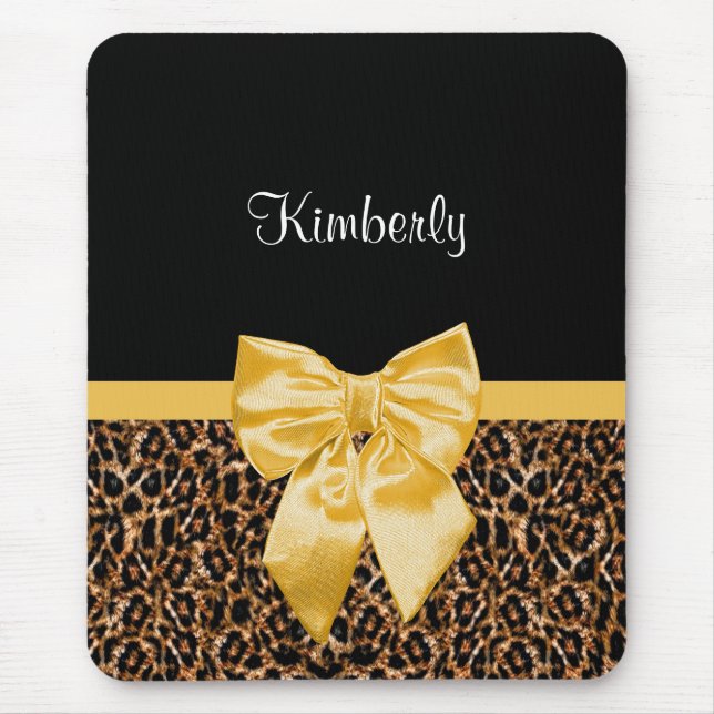 Stylish Leopard Print Elegant Yellow Bow and Name Mouse Mat (Front)