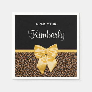 Stylish Leopard Print Elegant Yellow Bow and Name Napkin