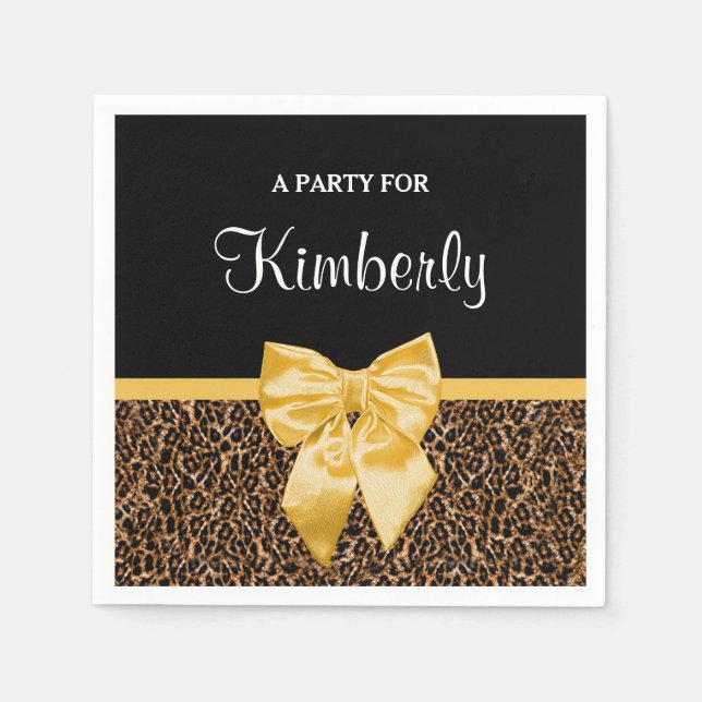 Stylish Leopard Print Elegant Yellow Bow and Name Napkin (Front)