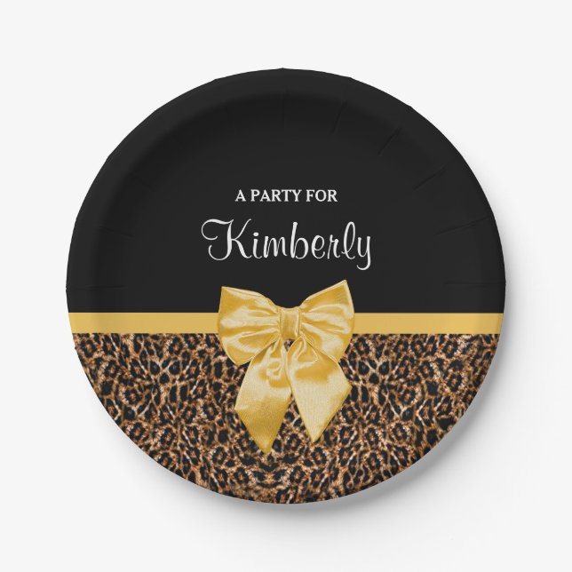 Stylish Leopard Print Elegant Yellow Bow and Name Paper Plate (Front)