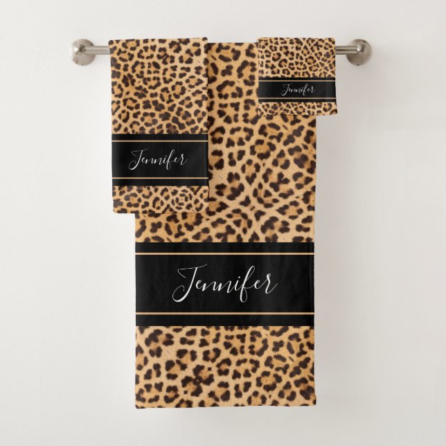 Stylish Leopard Print Monogram Name Bath Towel Set (Insitu)