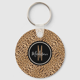 Stylish Leopard Print Monogrammed Script Name Key Ring