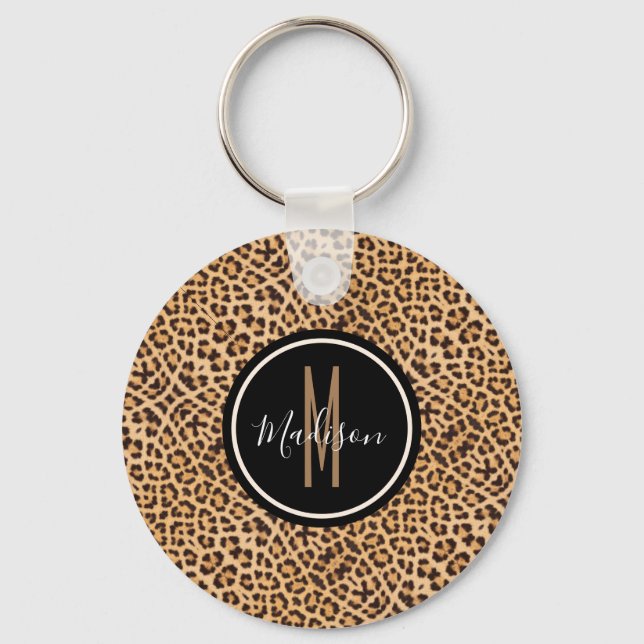 Stylish Leopard Print Monogrammed Script Name Key Ring (Front)