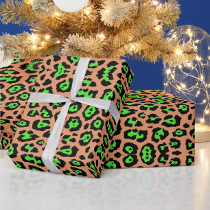 Stylish leopard print neon green apricot orange wrapping paper