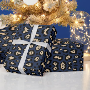 Stylish leopard print pattern beige and dark blue wrapping paper