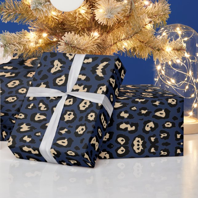 Stylish leopard print pattern beige and dark blue wrapping paper (Holidays)