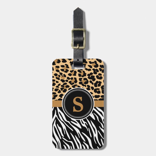 Stylish Leopard Zebra Print Monogram Luggage Tag (Front Vertical)