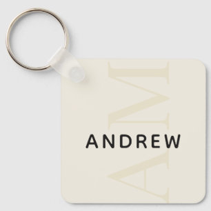 Stylish Light Beige Monogram and Name Key Ring