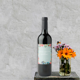 Stylish Light Blue Garden Boho Chic Wildflower Wine Label