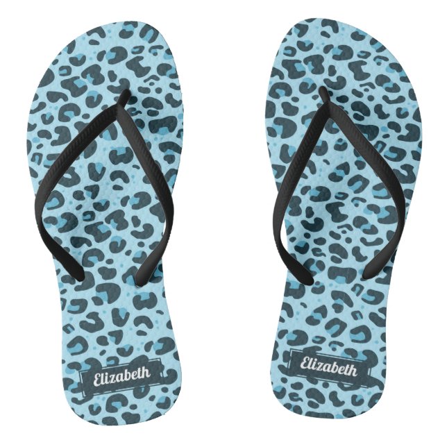 Stylish light blue leopard spots with name flip flops (Footbed)