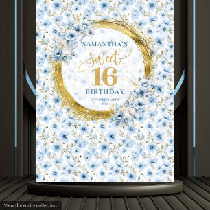 Stylish Light Blue Sweet 16 Gold Glitter Banner Tapestry