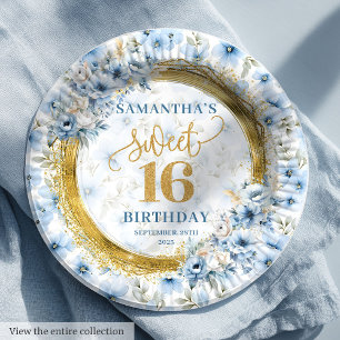 Stylish Light Blue Sweet 16 Gold Glitter Party Paper Plate