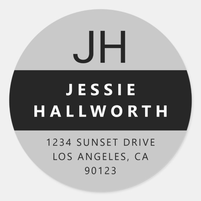Stylish Light Grey Black & White Modern Monogram Classic Round Sticker (Front)