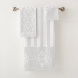 Stylish Light Grey Elegant Damask Pattern Striped Bath Towel Set