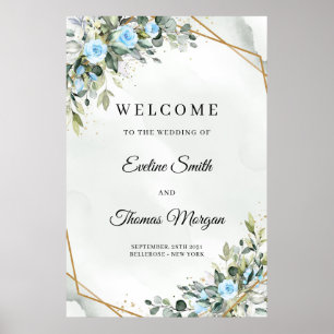 Stylish light pastel blue roses greenery wedding poster