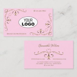 Stylish Light Pink Gold Ornate Corners Logo Hearts Business Card