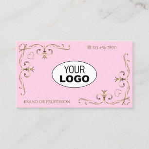 Stylish Light Pink Gold Ornate Corners Logo Hearts Business Card