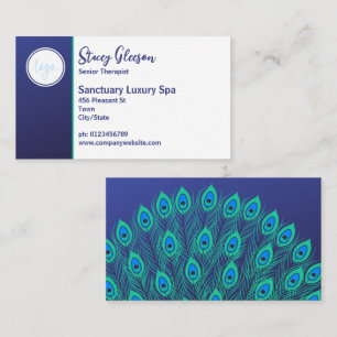 STYLISH LOGO ART DECO BLUE WHITE PEACOCK FEATHERS BUSINESS CARD