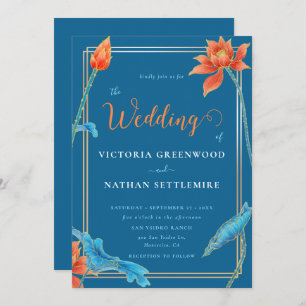 Stylish Lotus Flower Orange and Blue Wedding Invitation