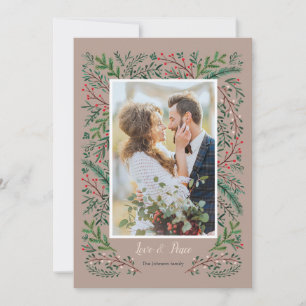 Stylish Love & Peace Green Pine Tree wreath Photo Holiday Card