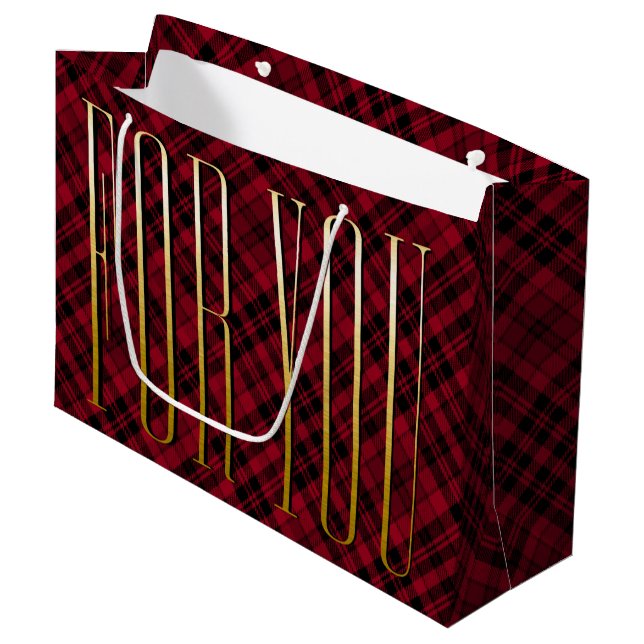 Stylish Luxurious Black Red Plaid Gold For You Large Gift Bag (Front Angled)