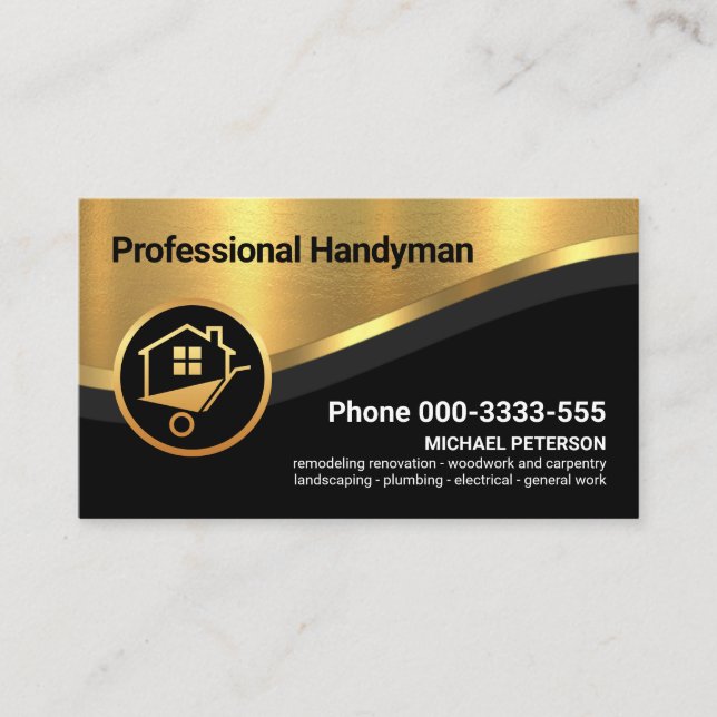 Stylish Luxurious Gold Curve Wave Handyman Business Card (Front)