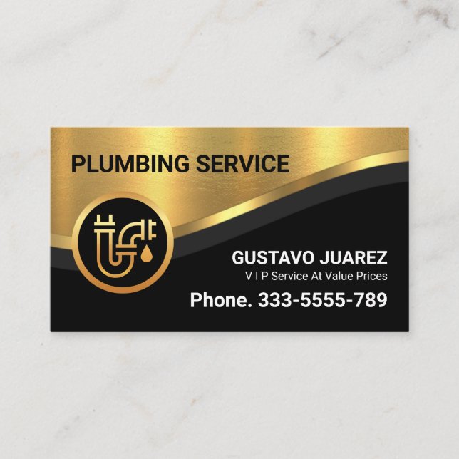Stylish Luxurious Gold Curve Wave Plumber Business Card (Front)