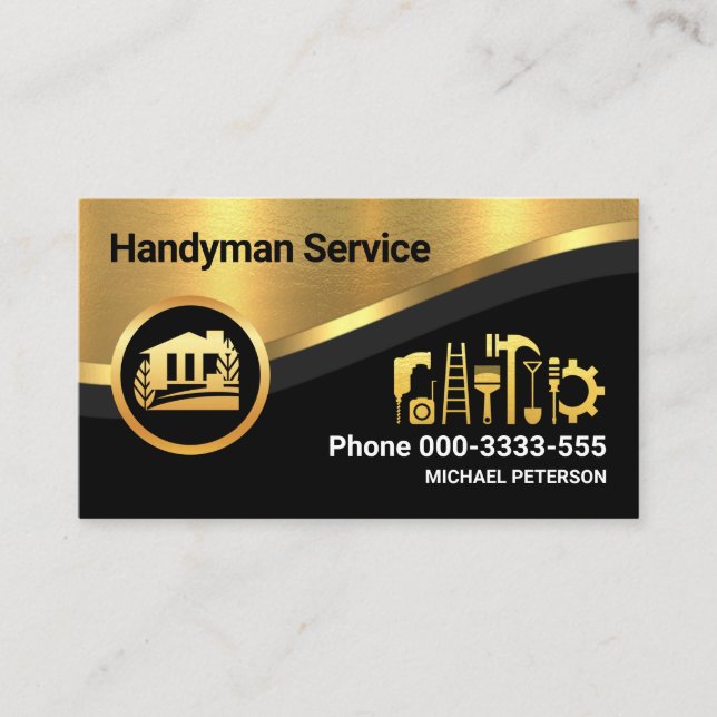 Stylish Luxurious Gold Wave Handyman Business Card (Front)
