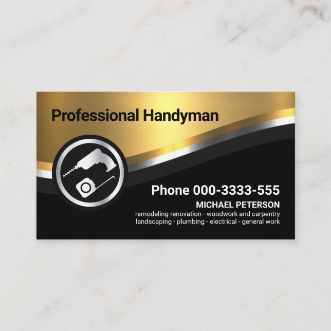 Stylish Luxurious Metallic Curve Wave Handyman Business Card (Front)