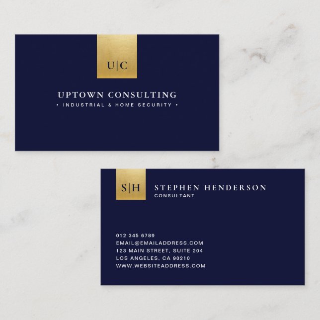 Stylish Luxury Faux Gold Foil & Navy Blue Business Card (Front/Back)