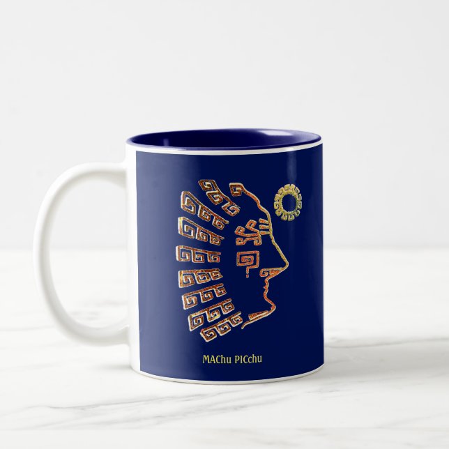 Stylish Machu Picchu Artistic Drawing on Blue Two-Tone Coffee Mug (Left)