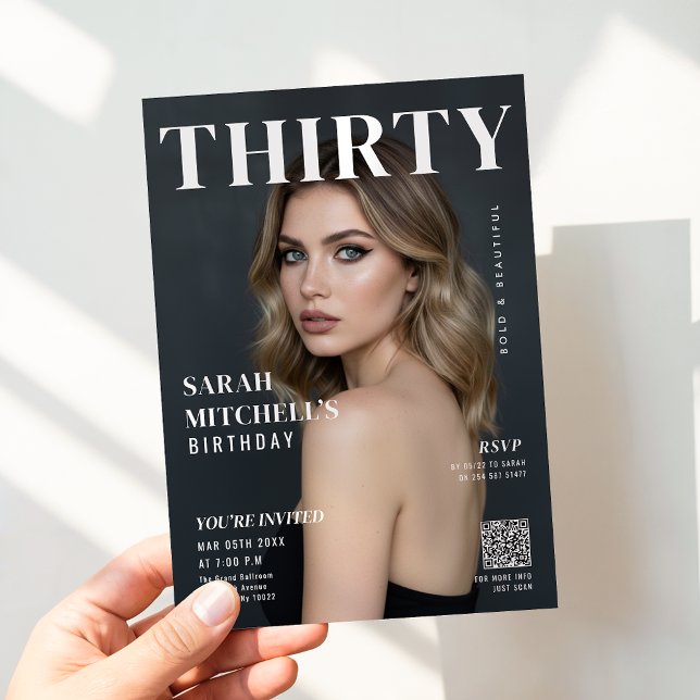 Stylish Magazine Cover Photo 30th Birthday QR Code Invitation (Creator Uploaded)