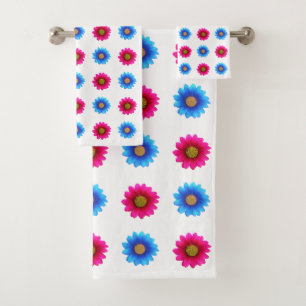 Stylish Magenta and Turquoise Flowers on White Bath Towel Set