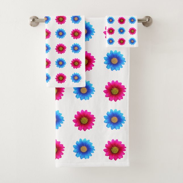 Stylish Magenta and Turquoise Flowers on White Bath Towel Set (Insitu)