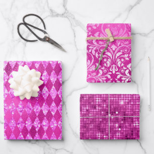 Stylish Magenta Pink Glitter and Foil Glam Pattern Wrapping Paper Sheet