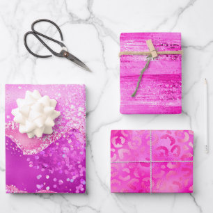 Stylish Magenta Pink Glitter and Foil Glam Pattern Wrapping Paper Sheet