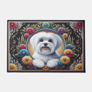 Stylish Maltese Dog Floral Colourful Border Doormat