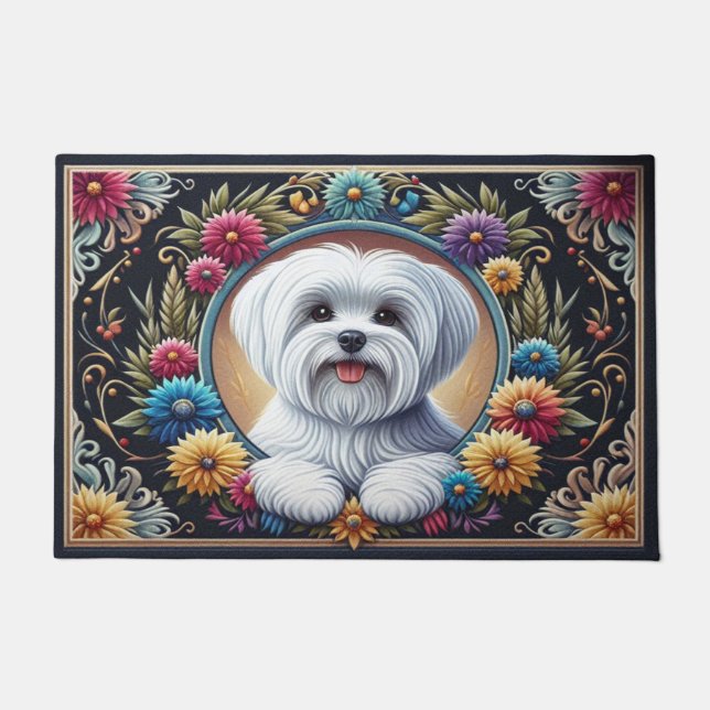 Stylish Maltese Dog Floral Colourful Border Doormat (Front)