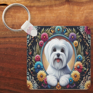 Stylish Maltese Dog Floral Colourful Border Key Ring