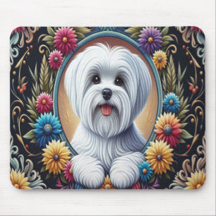 Stylish Maltese Dog Floral Colourful Border Mouse Mat