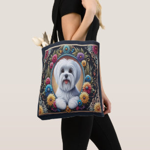 Stylish Maltese Dog Floral Colourful Border Tote Bag