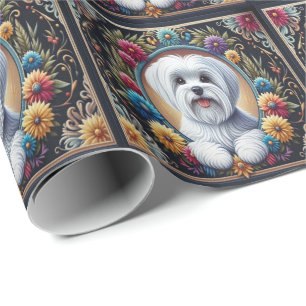 Stylish Maltese Dog Floral Colourful Border Wrapping Paper