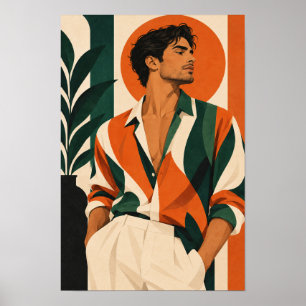 Stylish Man in Orange and Green Geometric Wall Art
