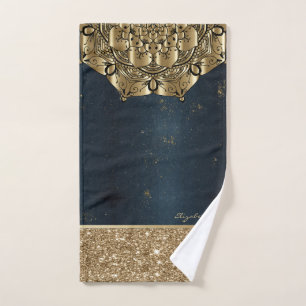 Stylish Mandala,Gold Stripes Glitter Navy Blue Bath Towel Set